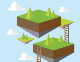   Squares of land float in a blue sky, with ladders descending from two of them. 