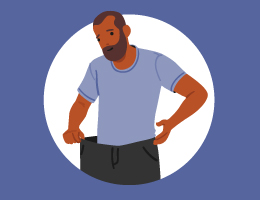 An illustration shows a man wearing pants that look much too large for him. 