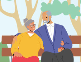 An illustration of a couple sitting on a park bench. 