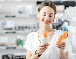  A woman comparing two bottles in a drugstore