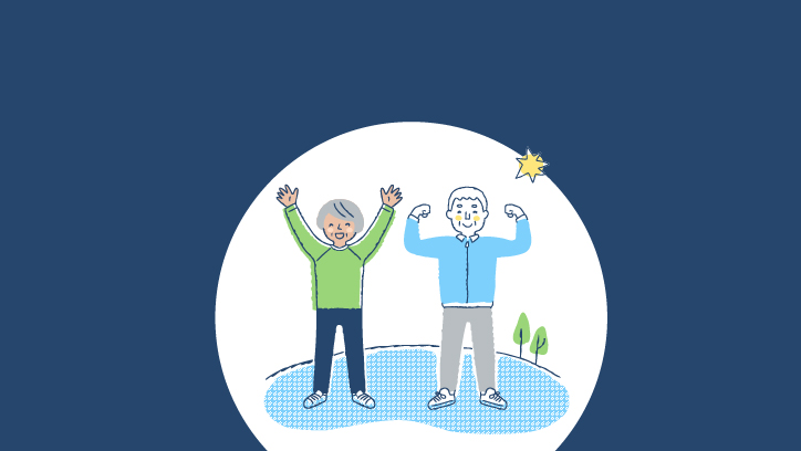 An older woman smiles with her arms raised, and an older man flexes his biceps.