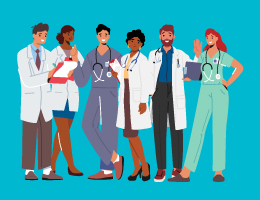 A diverse group of medical providers, talking.