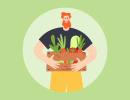 An illustration of a man holding a wooden box full of fresh vegetables.
