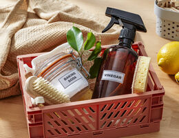 A plastic crate of cleaning supplies.