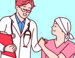 An illustration showing a doctor with his hand on a patient's shoulder. 