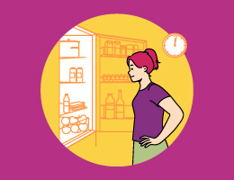 An illustration of a woman staring into an open fridge.