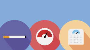  A cigarette, meter, and scale in colored circles