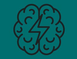 Line drawing of a brain viewed from above with a lightning bolt between the hemispheres. 