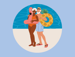 An older woman and older man, wearing swimsuits and holding pool floats, stand by a pool.