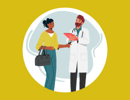 An illustration of a woman talking to a doctor holding a clipboard.