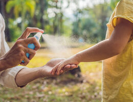 An adult sprays bug spray on a child’s arm