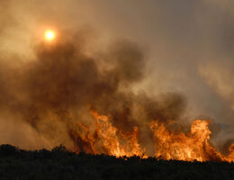 A wildfire and smoky sky.