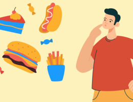 A man looks at floating images of a burger, hot dog, fries, cake and candy.